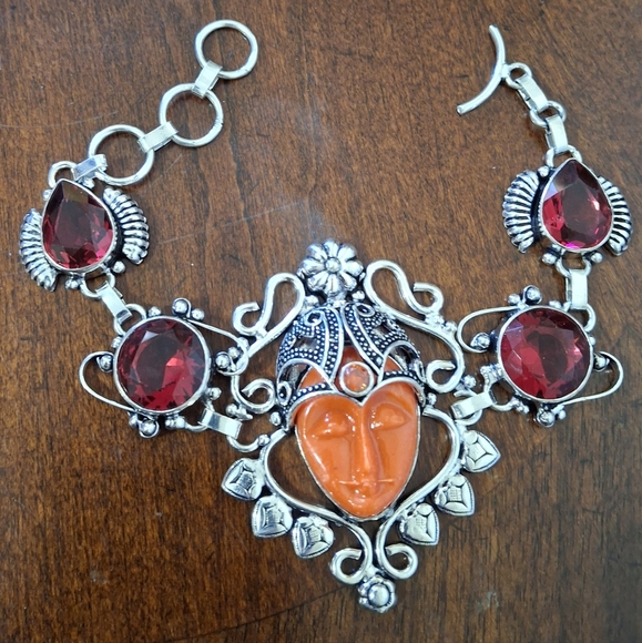 New Carved Red Goddess Face Garnet 925 Silver Bracelet. - Picture 2 of 16